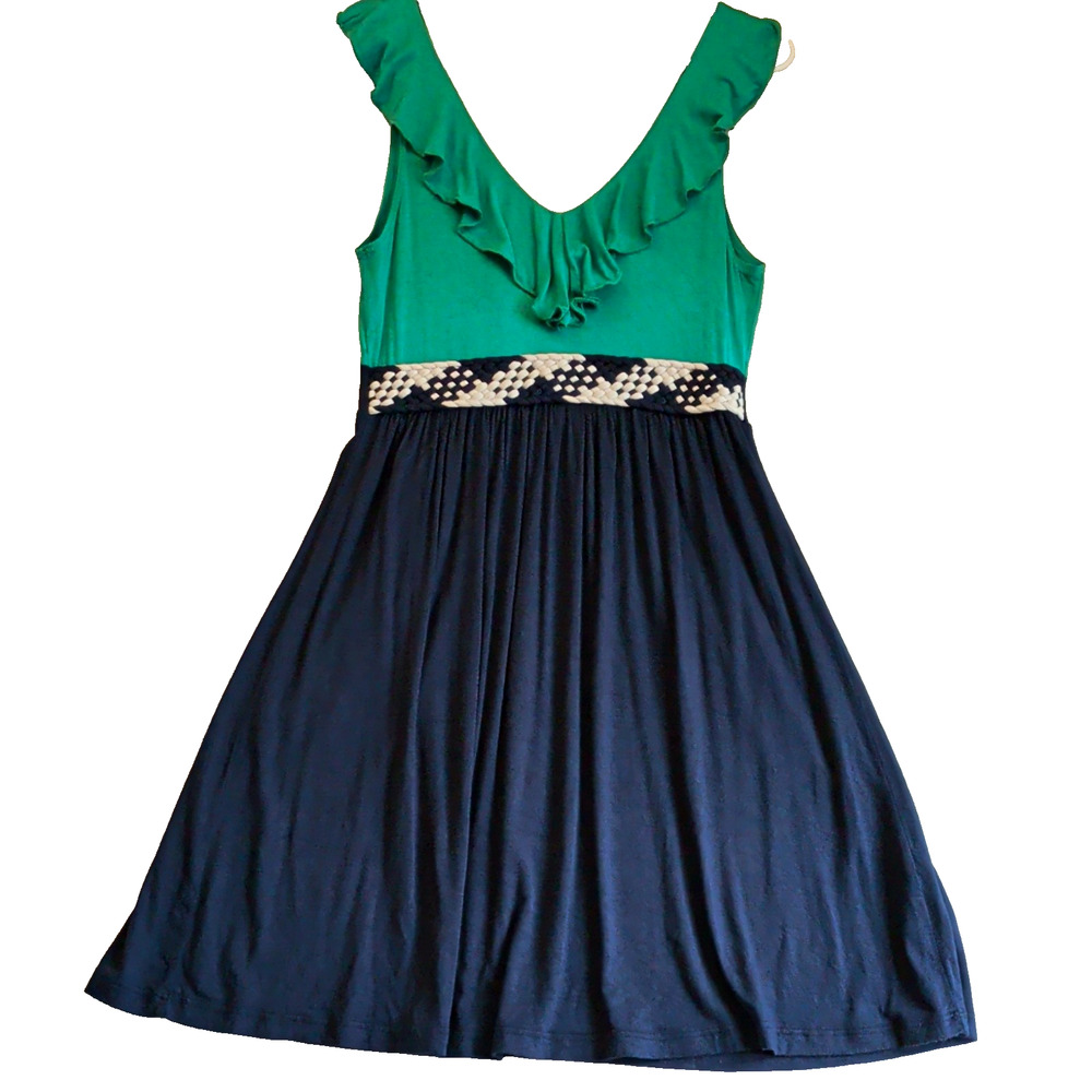 Soprano Womens Dress M Green Navy Ruffle Chevron Waist Skater Whimsygoth Casual